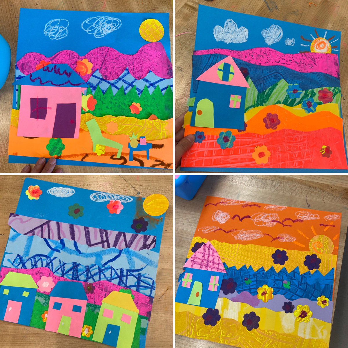 MsDTeachesArt's tweet photo. Colorful and creative landscapes by 2nd grade! We learned about arpilleras, the parts of a landscape, and came up with our own unique way to create a house! @EastMeadowArts @BGreenSchool https://t.co/nLeOKqYNzK