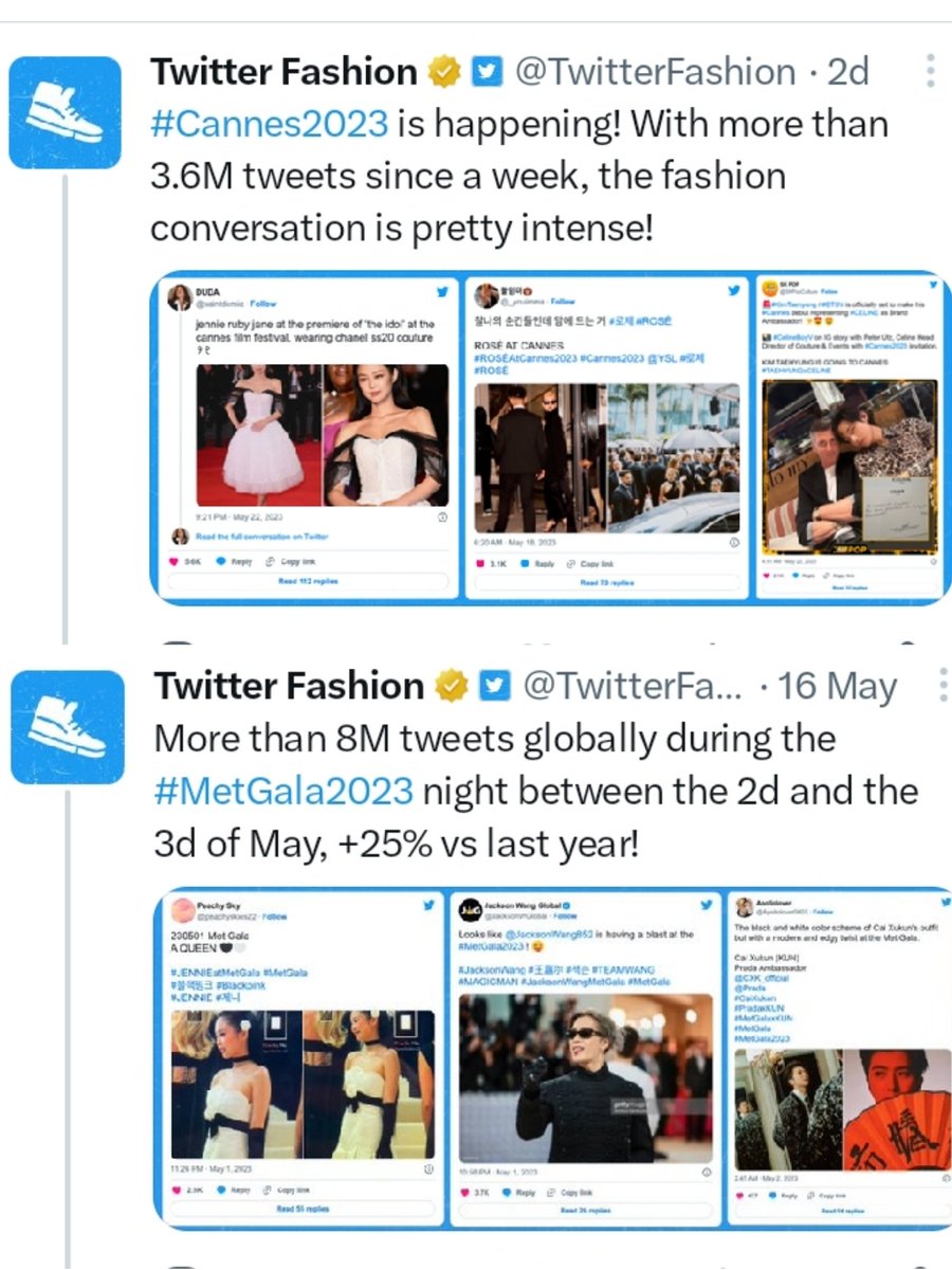 The most talked-about artist during the recent #Cannes2023 and #MetGala2023, according to Netbase Quid and Twitter Fashion, was #JENNIE, with @CHANEL being the brand receiving the most mentions