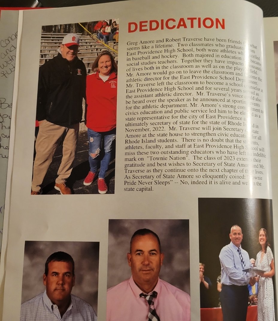 GreggAmore1's tweet photo. What a nice honor from the East Providence High School Class of 2023 who dedicated their yearbook to @RobTraverse and me after we concluded our 30+ years as Townie educators and coaches in January. We were blessed to have had such  rewarding careers. Thank you Townie Class of 23! https://t.co/gCKErh62T3