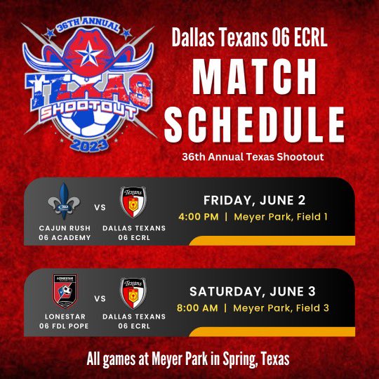 Dallas Texans U18/19 ECRL-Fagen (@texansecrl06g) on Twitter photo We’re headed south to the 2023 Texas Shootout THIS WEEKEND! You can find our talented group of ‘24’s & ‘25’s at Meyer Park…Friday & Saturday!!
#TheTexansWay
<a href="/PrepSoccer/">Prep Soccer ⚽️</a> <a href="/TopDrawerSoccer/">TopDrawerSoccer</a> <a href="/EcnlTexas/">ECNL Girls Texas Conference</a> We’re headed south to the 2023 Texas Shootout THIS WEEKEND! You can find our talented group of ‘24’s & ‘25’s at Meyer Park…Friday & Saturday!!
#TheTexansWay
<a href="/PrepSoccer/">Prep Soccer ⚽️</a> <a href="/TopDrawerSoccer/">TopDrawerSoccer</a> <a href="/EcnlTexas/">ECNL Girls Texas Conference</a>