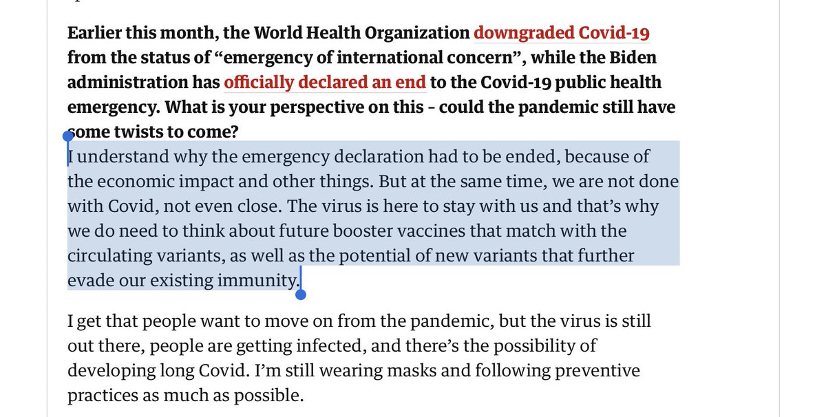 tkatsumi06j's tweet image. #CoronavirusUpdate  2023/5/27🇺🇸米イエール大医学部免疫学教授の #岩崎明子 氏 *(@VirusesImmunity) 「新型コロナウイルスはまだ終わっていない、それには程遠い」と🇬🇧英紙ガーディアンの取材に応える。以下当該発言部分DeepL訳+修正。