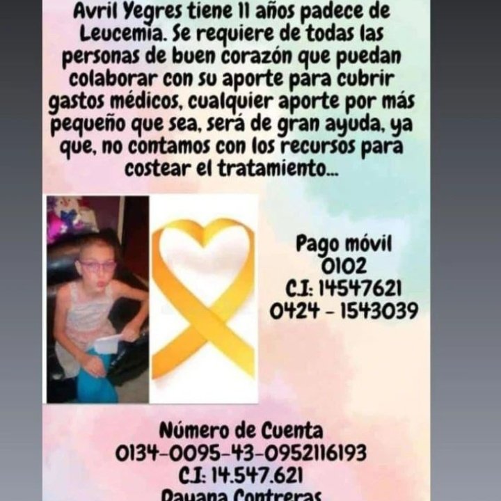 yuleisi0907's tweet photo. Avril Yegres una niña de 12 años q padece de leucemia linfoblastica requiere urgente de un transplante de médula, sus padres no cuentan con recursos su mamá a ido a muchos centros a pedir ayuda y le dicen q no están ayudando. Cada granito cuenta
Dios les bendiga🙏🏻@traffiCARACAS https://t.co/ptB8xqLsDQ
