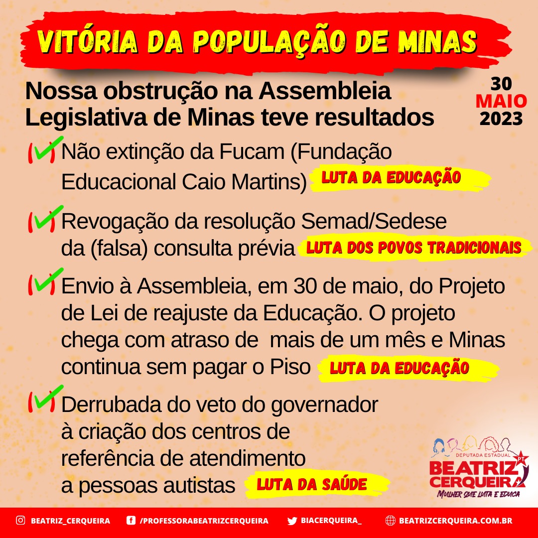 BiaCerqueira_'s tweet photo. Plenário @assembleiamg em 30/5:
1. Não extinção da Fucam
2. Revogação da resolução Semad/Sedese da consulta prévia
3. Envio do PL de reajuste da educação. Gov enrolou mais de 1 mês e MG continua sem pagar o Piso
4. Derrubado veto do Gov do Centro de Atendimento a Pessoas Autistas https://t.co/LE11m6MBmz