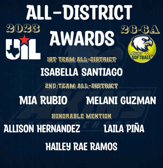 Akins Softball All-District awards!
Hats off to Mia, Mel, Laila and Bella for making All-District (Academic &amp; Softball).
Rae and Allison made All-District for softball as Freshmen!
Alize, Dez, Cameron and Zyla made All-District Academic.
Zyla &amp; Bella made All-State Academic team.