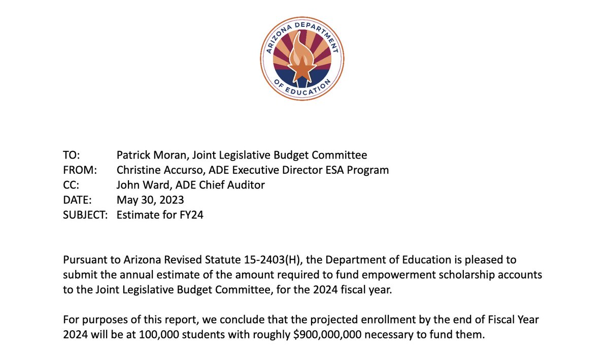 BREAKING: The AZ Dept. of Education is predicting that the state's GOP taxpayer-funded private school voucher program will grow to 100,000 students in '24 at a whopping $900M per year! 

Without reform, Empowerment Scholarship Accounts will bankrupt our state &amp; our public