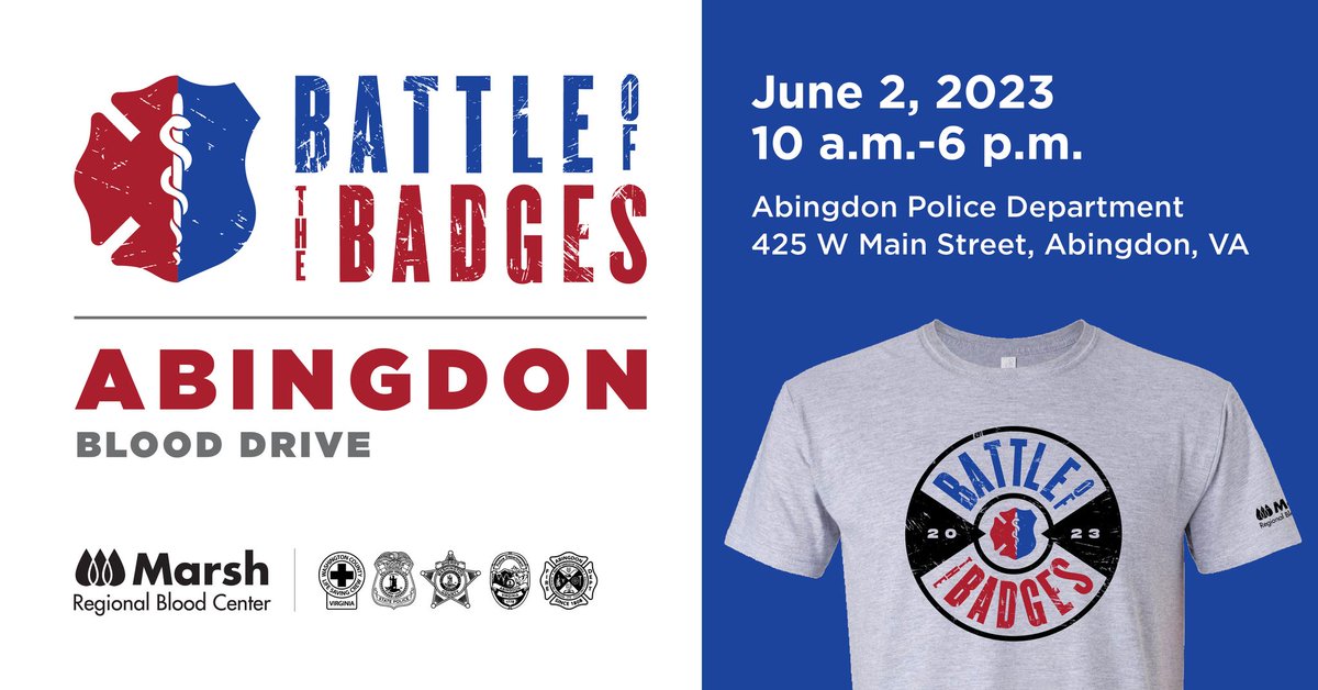 WizeSolutionsVA's tweet photo. Mark your calendars for this Friday! The Abingdon Battle of the Badges blood drive will be held at the Abingdon Police Department from 10 AM to 6 PM. Our local first responders will be battling it out to see who can “recruit” the most blood donors. https://t.co/Xi9SmPwSFO