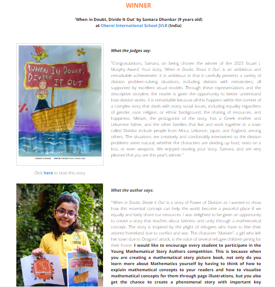 MathsStories's tweet photo. Pleased to announce the winner of our 2023 Stuart J. Murphy Award (part of our Young Mathematical Story Authors competition) is Samara Dhankar (9 yrs old) from Oberoi International School JVLR (India) for her 'When in Doubt, Divide It Out' entry https://t.co/S7FtFDZpUc
#YMSAMaths https://t.co/VQbvZl1C8o