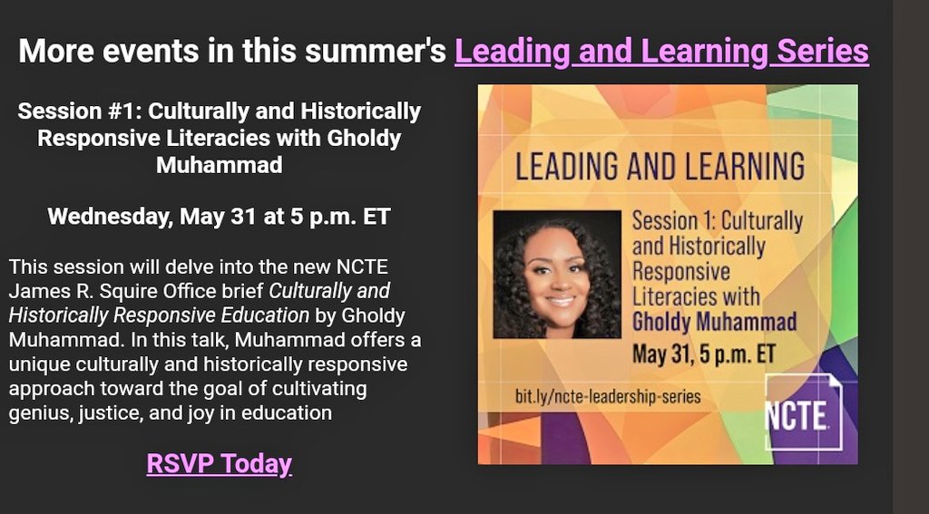 emytomita's tweet image. Culturally &amp;amp; Historically Responsive Education #CHRE #Equity &quot;involves the centering of justice, liberation, and freedom.&quot; @GholdyM Looking forward to attending this session tomorrow :D @ncte #LeadingAndLearning Series @ernestmorrell