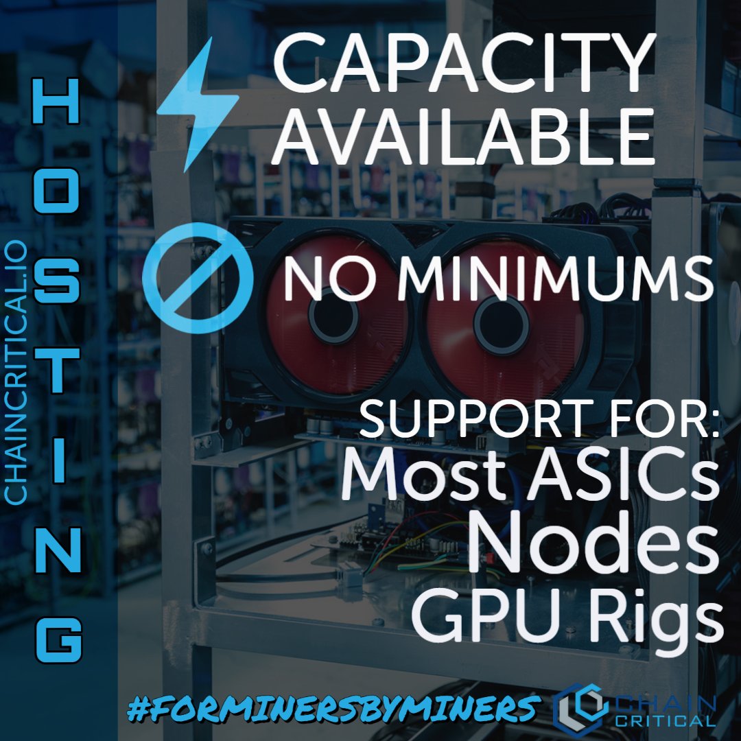 ⚒️ Looking for world-class cryptocurrency mining hosting at reasonable prices? ⚡️We have capacity coming online now with no minimum. ✅ ASICs ✅ GPUs ✅ Nodes 🔗 Learn More: bit.ly/3INSvZk #ForMinersByMiners #Bitcoin #cryptocurrency #HOSTING #Crypto