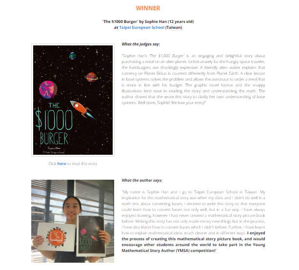 MathsStories's tweet photo. Pleased to announce the winner of our 2023 Cindy Neuschwander Award (part of our Young Mathematical Story Authors competition) is Sophie Han (12 years old) from Taipei European School (Taiwan) for her 'The $1000 Burger' entry
https://t.co/S7FtFDZpUc #YMSAMaths 👏👏👏 https://t.co/LgogsTg4jJ