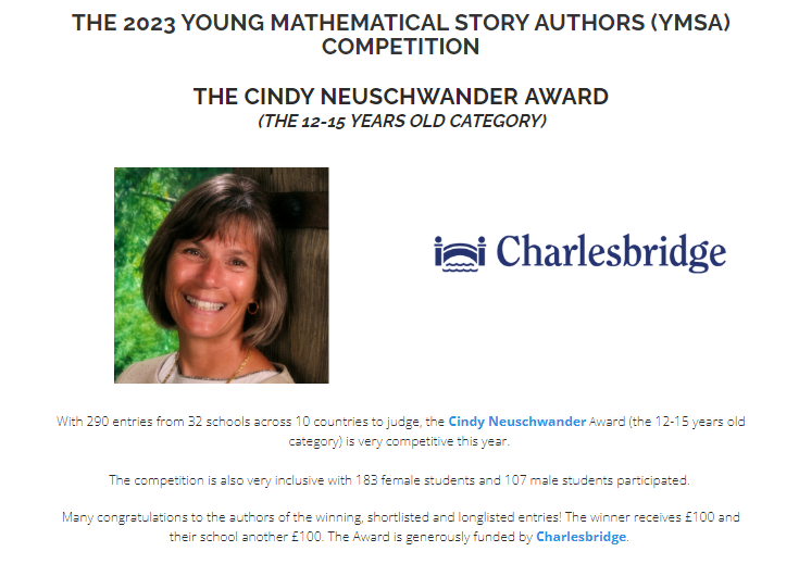 MathsStories's tweet photo. Pleased to announce the winner of our 2023 Cindy Neuschwander Award (part of our Young Mathematical Story Authors competition) is Sophie Han (12 years old) from Taipei European School (Taiwan) for her 'The $1000 Burger' entry
https://t.co/S7FtFDZpUc #YMSAMaths 👏👏👏 https://t.co/LgogsTg4jJ