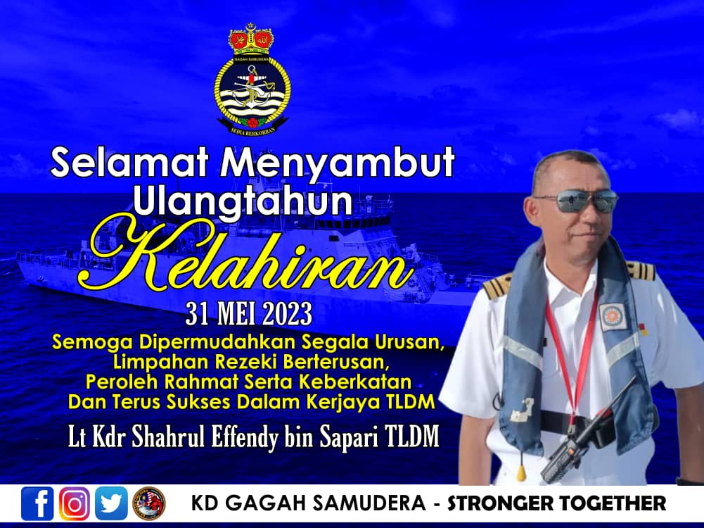 Selamat Menyambut Ulangtahun Kelahiran buat  Lt Kdr Shahrul Effendy bin Sapari TLDM Pegawai Bekalan KD GAGAH SAMUDERA. Semoga dimurahkan rezeki dan terus sukses dalam kerjaya TLDM. 

#Strongertogether
#skl27