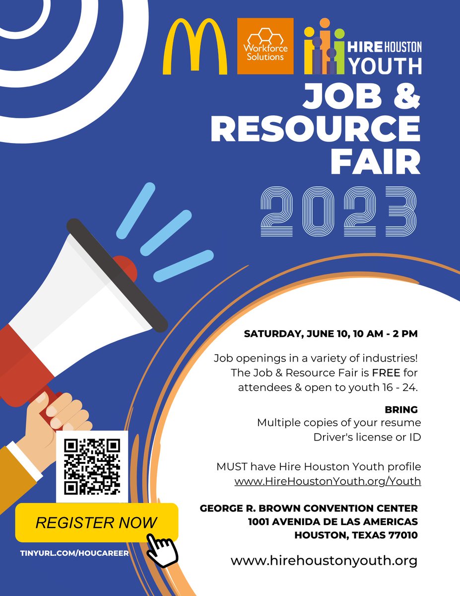 Calling all #youth ages 16-24 and all employers/service providers to take part in the @houmayor’s @HireHOUYouth Career & Resources Fair at GRB on June 10th, 2023, 10am-2pm! YOUTH RSVP: tinyurl.com/HouCareer EMPLOYER/RESOURCE Application: tinyurl.com/HouResource