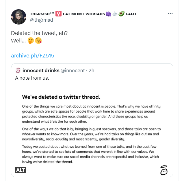 thgrmsds's tweet photo. Hiding all the comments, eh?  
#innocent #innocentdrinks  
Well, well, well 👉 https://t.co/rufg9gk3nC

https://t.co/6gD2GyxMNm https://t.co/S4GbWoRYh3