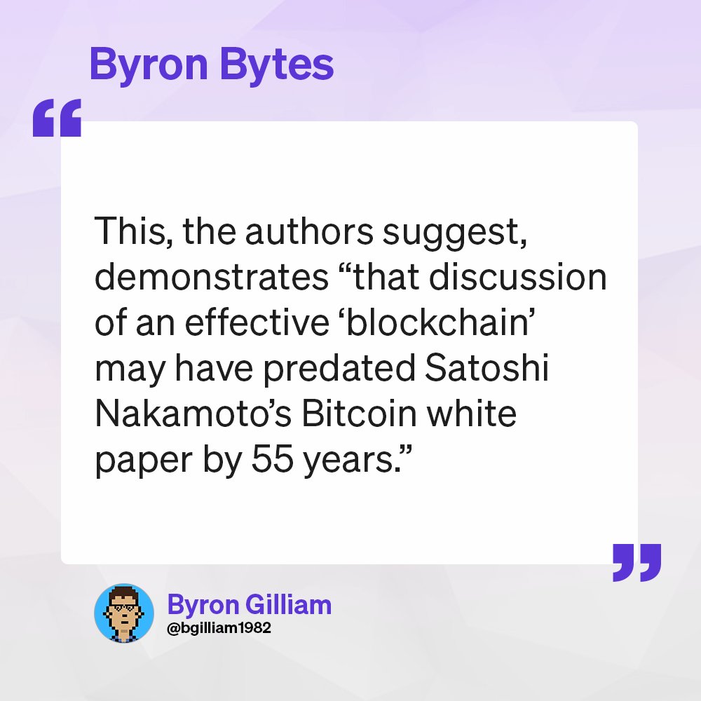 Blockworks's tweet photo. Crypto fun facts you probably didn't know:

- Blockchain was invented in 1995
- Smart contracts were invented in the 1980s

But there's more. 

Subscribe for a trip down crypto memory lane: https://t.co/0efbvrzg66 https://t.co/mrjBkRDIOR
