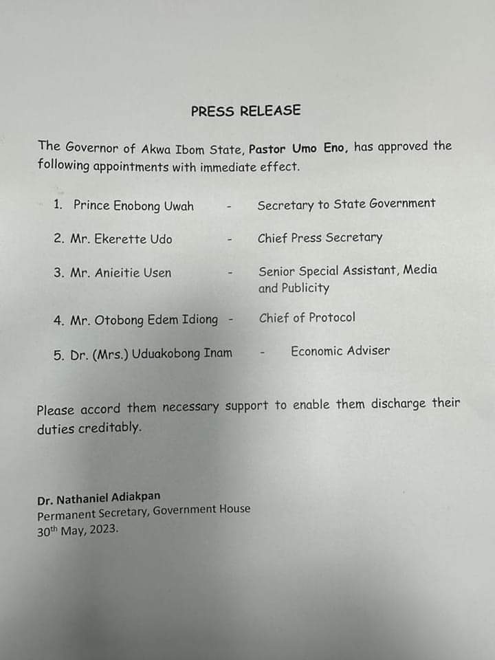 UyoToday's tweet photo. BREAKING | @GovAkwaIbom Pastor Umo Eno makes first appointment. https://t.co/gmtIePKM7I