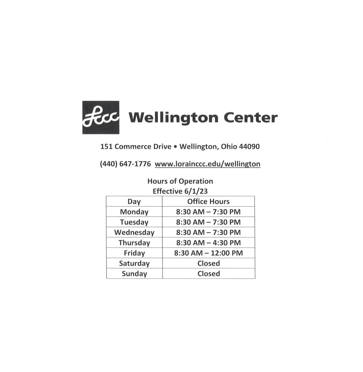 LCCCWellington's tweet photo. The Center had updated hours of operation!! Take a Look! https://t.co/IvBiJ7PZZI