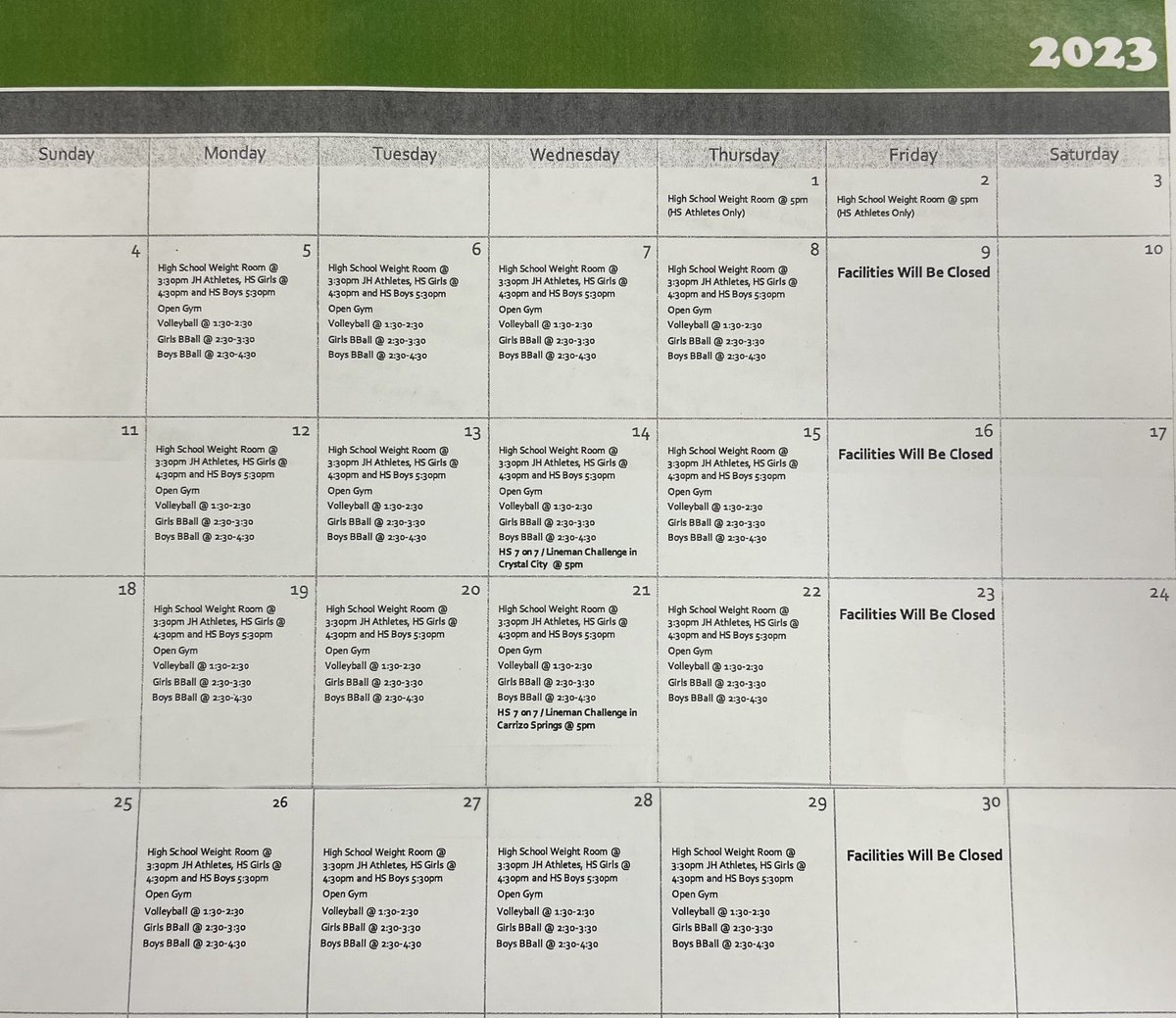 JUNE 2023
Carrizo Springs S&amp;C/open gym times. 

•Physicals needed for all incoming 7th, 9th, 11th graders, and anyone else new to the athletic program.
•Only open to JH and HS athletes. 
•Bring your own water.