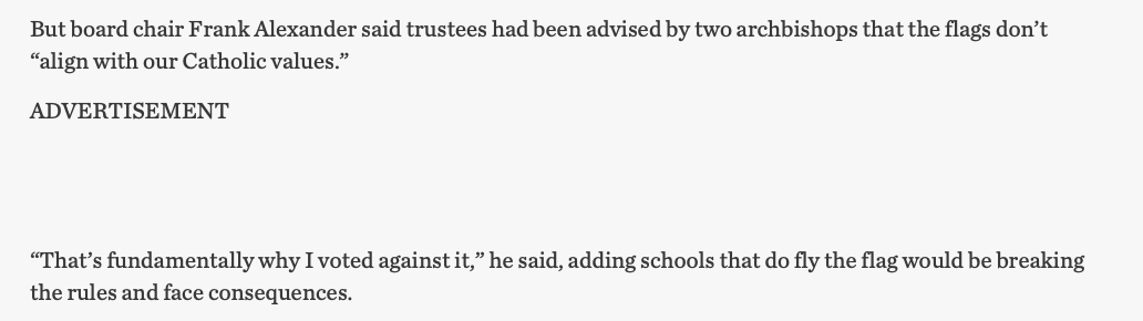 The Chair of the YCDSB says that Pride symbols "don't align with our Catholic values."

Pride symbols align w/ Canadian values. So publicly-funded Catholic schools don't align with Canadian values.

It's time to get rid of these boards. They're done.