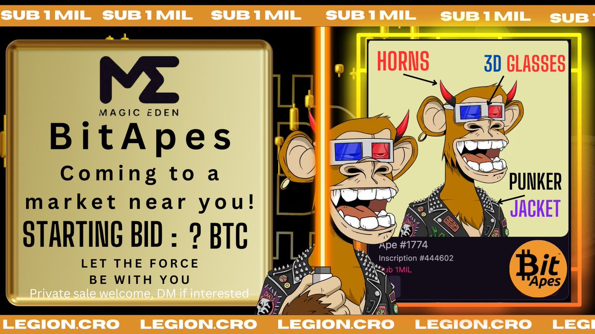 legion_cro's tweet photo. Happy Hunting! A real one! Ape #1774 #SUB1MIL coming to a market near you! Starting bid at 0.07BTC only on @MEonBTC. These are @BitApes_btc by real #BAYC holders! #BTC this fella is perfect 🤩 for so many different missions! #Satoshi #ordinals #sub1million @Pamaj96 @m6chalva808 @NelkToken @Crono_Ballz @GdrToken @DanniN29 @yogir83 @Blockchainwork5 @ODDlingnfts @OddballRandall