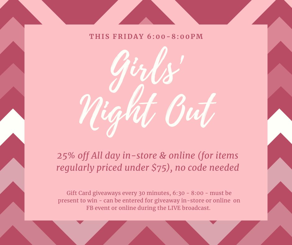 Girls Night Out this Friday 6:00pm-8:00pm!  25% off All day in-store &amp; online (for items regularly priced under $75), no code needed.  Come sip and shop with us or join us on FB &amp; IG LIVE from 6-7:30 pm. 
cmnrh.com 
#shoplocalnrh #resaletherapyfortworth