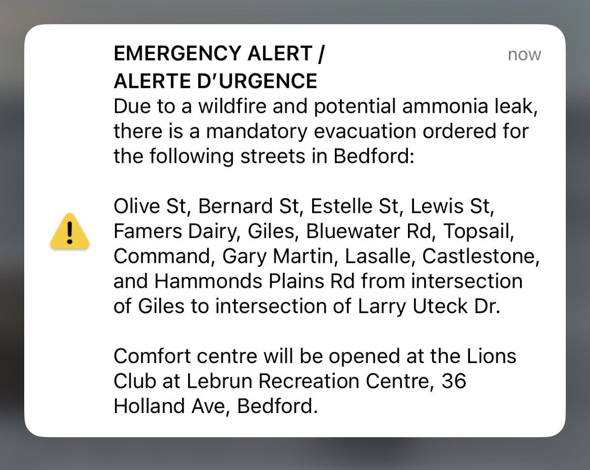 hfxfire's tweet image. evacuation ordered for the following streets in Bedford:
Olive St, Bernard St, Estelle St, Lewis St, Famers Dairy, Giles, Bluewater Rd, Topsail, Command, Gary Martin, Lasalle, Castlestone, and Hammonds Plains Rd from intersection of Giles to intersection of Larry Uteck Dr.
