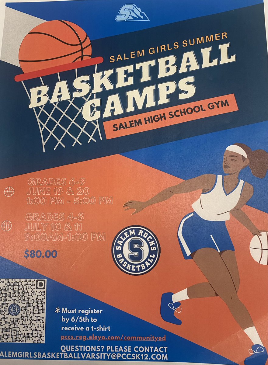 Salem Girls Basketball Summer Camps are back!  🚨

Camp I
- When: June 19th &amp; 20th 1PM-5PM
- Grades: 6th-9th 
- Cost: $80 

Camp II
- When: July 10th &amp; 11th 9AM-1PM
- Grades: 3rd-9th 
- Cost: $80 

Flyer is attached with more detail.

Register at pcc.reg.elegiac.com/communityed 🏀 #Salem