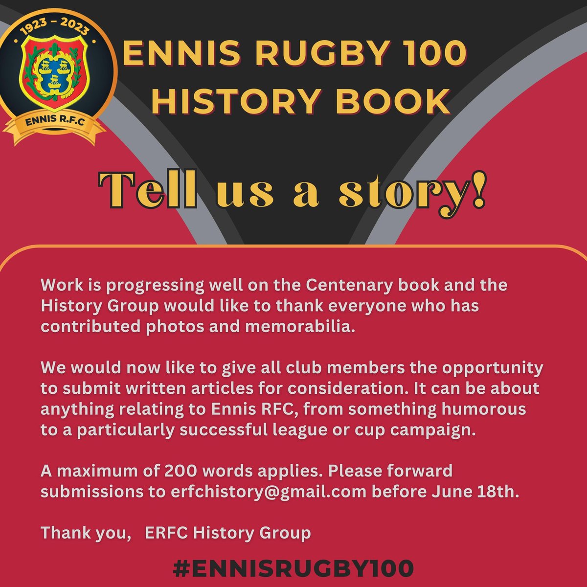 Ennis Centenary History team wants to hear from YOU! 🫵 If you have a story to tell, please share. 🙌 #ennisrugby100