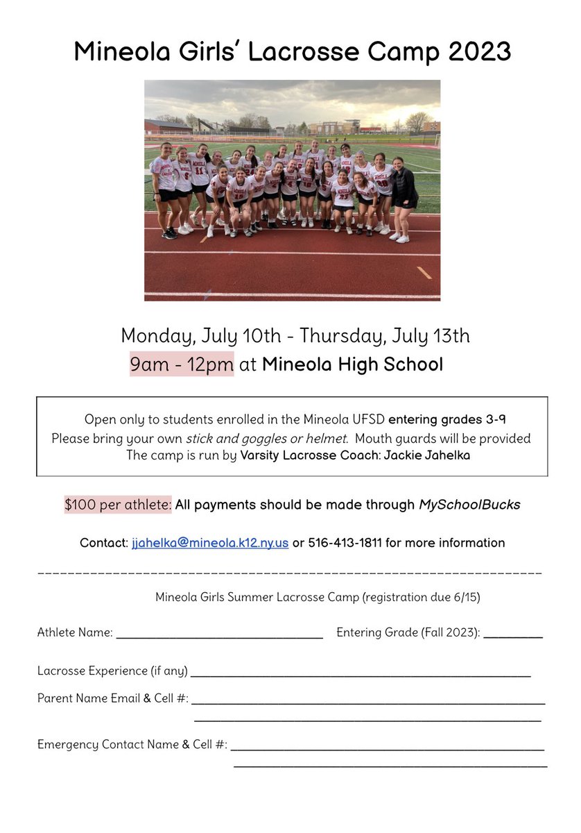🚨 Looking to have some fun and play some lacrosse over the summer? ☀️ We are hosting our annual lacrosse camp at <a href="/mineolahs/">Mineola High School</a>! 

Information below ⬇️ Payment is made through SchoolBucks &amp; registration forms can be brought on the first day of camp. 

Hope to see you there! 🫶🏻🥍