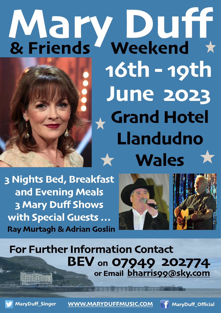 MaryDuff_Singer's tweet photo. With just over 2 weeks to go join us for my ‘Mary Duff &amp; Friends Weekend’ on 16th-19th June 2023 at Grand Hotel, Llandudno, North Wales with special guests Ray Murtagh and Adrian Goslin.
Contact Bev Harris for further info rather than going directly through the hotel https://t.co/q5FAHZaWG6