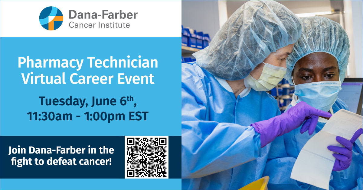 Dana-Farber Cancer Institute is #hiring! 

Join us for a virtual career fair focusing on pharmacy technician positions on Tuesday, June 6th from 11:30am – 1:00pm. 

#healthcare #pharmacy #careers #pharmtechs #oncology #ptcb