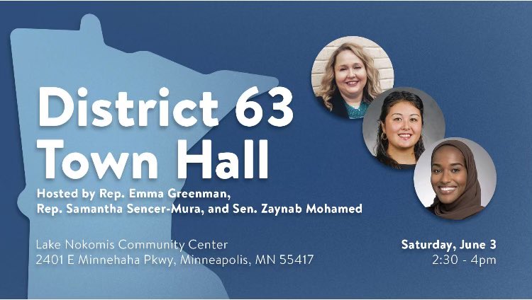 Looking forward to meeting with Southsiders on Saturday to hear their thoughts and discuss the progress we made this legislative session. Join us at Lake Nokomis Community Center at 2:30!
