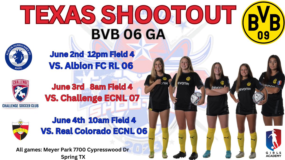 UPDATED SCHEDULE BELOW

🗣️🗣️   COLLEGE COACHES 
Headed to H- Town for the Texas Shootout! See you soon. 👇🏼👇🏼

<a href="/TopDrawerSoccer/">TopDrawerSoccer</a> <a href="/ImYouthSoccer/">ECNL/GA/Recruiting/College Soccer</a> <a href="/PrepSoccer/">Prep Soccer ⚽️</a> <a href="/TheSoccerWire/">SoccerWire</a> <a href="/ImCollegeSoccer/">College Soccer Truth ™</a> <a href="/bvbiantx/">BVB International Academy North Texas</a>