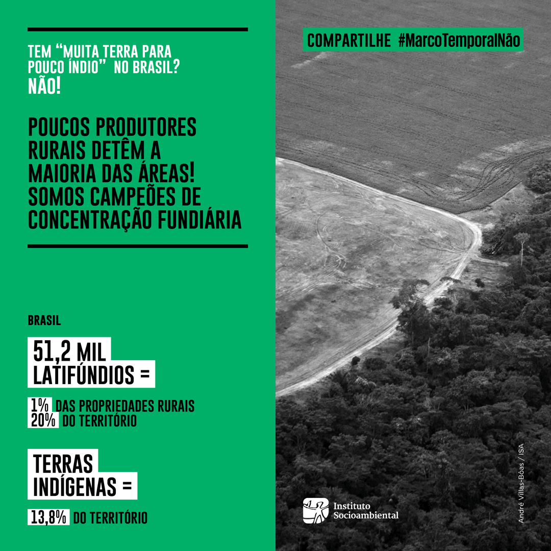 👉 Os ruralistas seguem alegando que as Terras Indígenas totalizam 14% do território, que tem "muita terra para poucos indígenas" no Brasil. Será que é verdade? Não! A maior parte das áreas está nas mãos de latifundiários. 

⚠️Fonte: IBGE