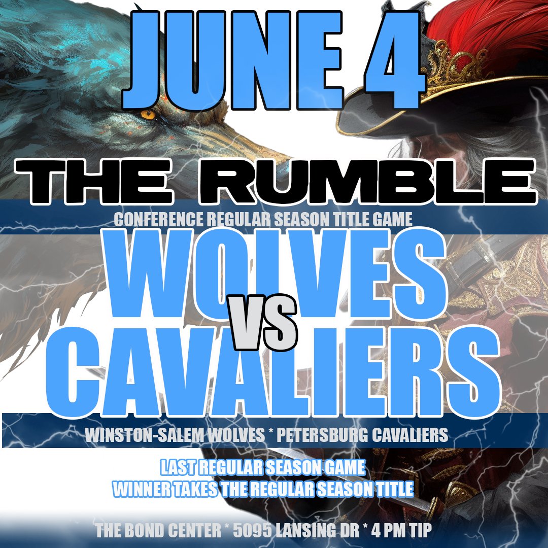 JUNE 4! The Wolves host the Petersburg Cavaliers in the final home game of the season - and it's a winner-take-all match for the Northern Conference regular season title!

Tip off starts at 4 pm at the Bond Center - playoff seeding between #1 and #2 is on the line!