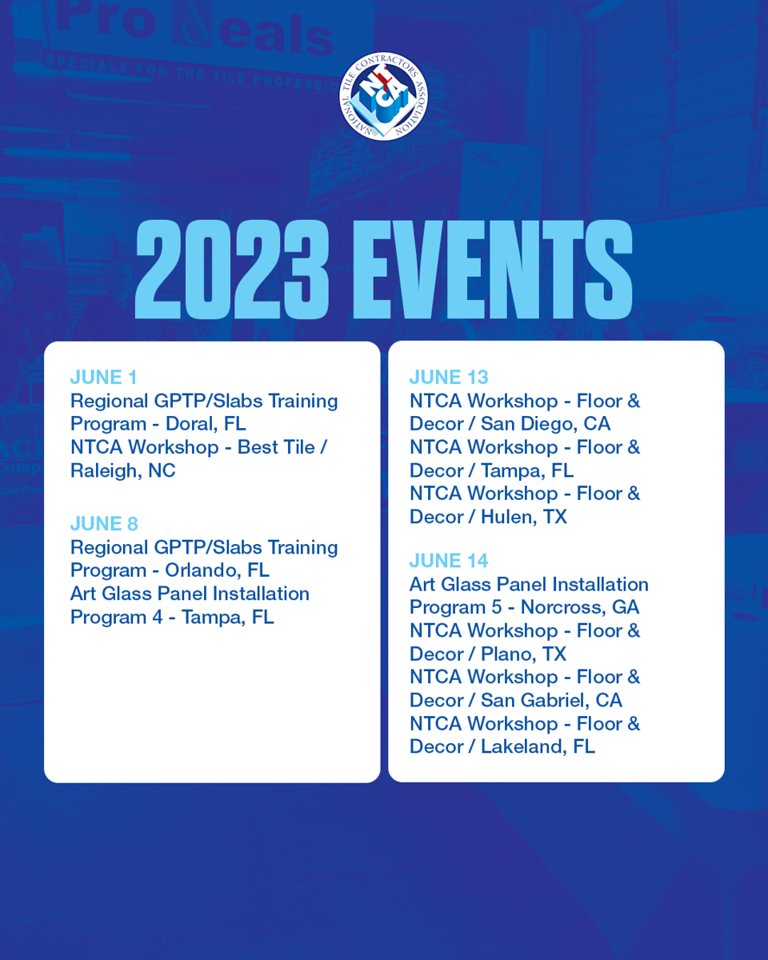 Art Glass Panel Installations and regional GPTP training programs are lined up for you this month. 

Take a look at NTCA's offerings for this month and beyond at tile-assn.com/events 

#Tile #TileTraining #TileEducation #TileInstallation #TileContractor #Networking #NTCA
