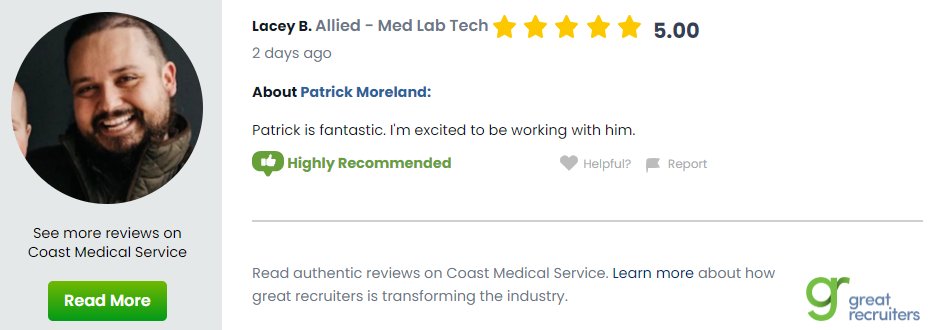 Are you excited to be working with your #TravelRecruiter? Are they fantastic like our Patrick Moreland? If not, maybe it's time for you to experience the Coast difference. tinyurl.com/3jm68x9b
 #AlliedRecruiter #AlliedHealthcare #TravelRecruiters #AlliedHealthcareRecruiter