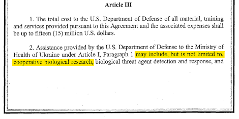 AwakenedOutlaw's tweet photo. RE: US involvement in Ukrainian biolab oversight, storage management, transportation of, and assisting virologists working with deadly pathogens located in Ukraine.

This is the 'Agreement' that was attached to the existing 'Weapons Proliferation Treaty'.

The document was negotiated and signed just 25 days after Senator #Obama and then GOP Sen. Dick Lugar traveled to #Ukraine.  👀

#COVID19 #Biolabs 

"The Ministry of Health of Ukraine shall transfer to the U.S. J Department of Defense requested copies of dangerous pathogen strains collected in Ukraine or cooperative biological research in the centralized laboratories in Ukraine..."

"U.S. Department of Defense representatives shall also have the right to 1) participate in all aspects of implementation of contracts and related activities at ~ facilities in Ukraine..."
___________

It doesn't take a deadly pathogen virologist who specializes in #GainOfFunction research to understand that "related activities" is a hole so massive you could literally drive a Biolab through it.

All told I trust everyone is starting to connect the dots RE: the true arch of events that lead up to the man-made/caused #Pandemic - including the who's who of those at the center of the conspiracy.

Agreement: https://t.co/y87kWqm75p

For the best coverage of this hyper-important  issue make sure you're following the "biolabs guy" @WarClandestine.