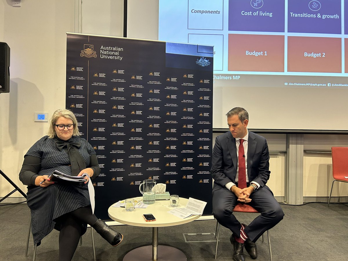SiobhanADM's tweet photo. Discussing values beyond capitalism and the Budget. @JEChalmers on Budgets and women, well-being, and placed-based ideas in contrast with neo-liberal approaches. In conversation with @ourANU @ANUCrawford Director @JanineOFlynn 👇🏼👇🏼👇🏼 https://t.co/u6Txi2RPbo