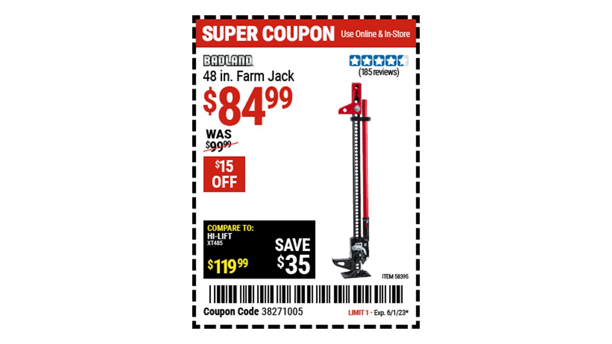 Buy the BADLAND 48 in. Trail Jack (Item 58395) for $84.99 with coupon code 38271005, valid through June 1, 2023. See the coupon for details: go.harborfreight.com/coupons/2023/0…