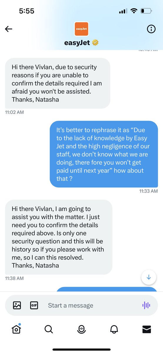vivlanzap's tweet photo. @easyJet do you know how to save conversation? Or you just do it for fun. STOP asking the same damn question over and over and don’t come back with them at BS of “security” you have all my info, just you your f job @easyJet_press https://t.co/or3f0ziO1u