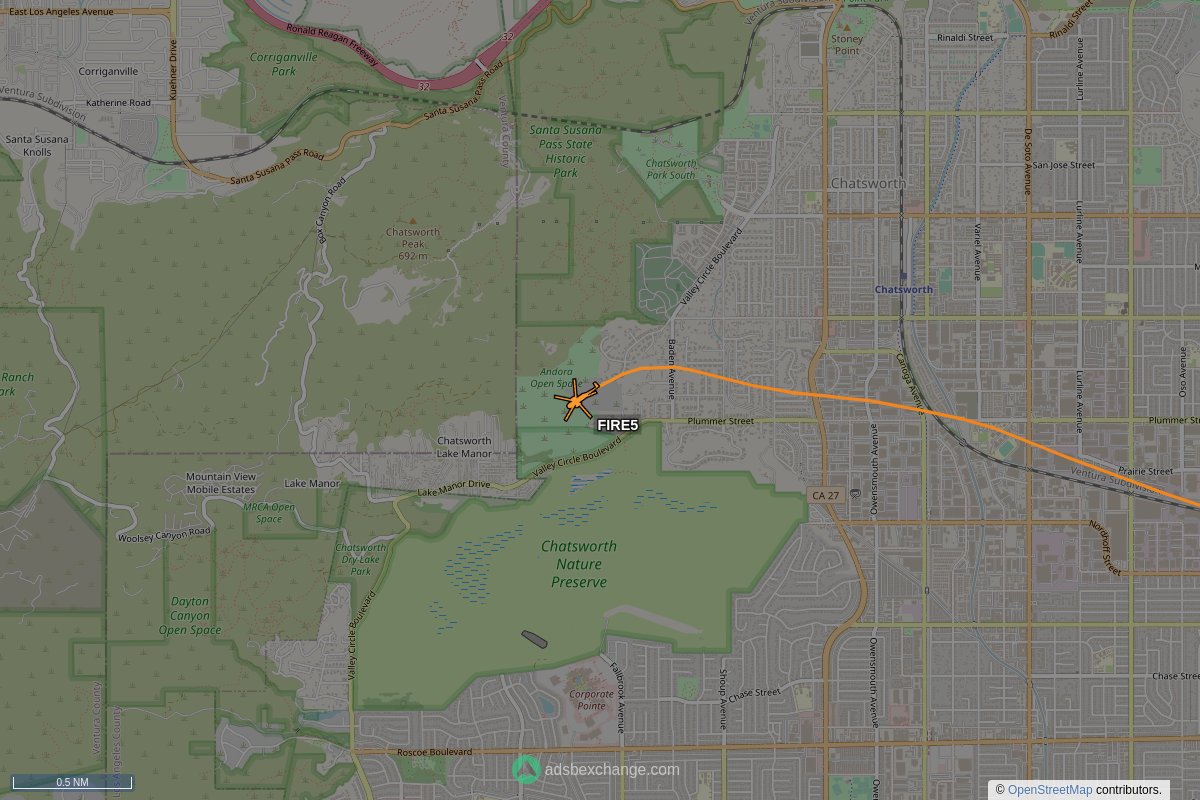 ffoverhead's tweet image. LAFD aircraft #N305FD callsign #FIRE5 (a A139) was seen near Chatsworth, Los Angeles, CA at approx 21:57 UTC squawking 1200 globe.adsbexchange.com/?icao=a33266&amp;amp;z… #LAFD #LAFire