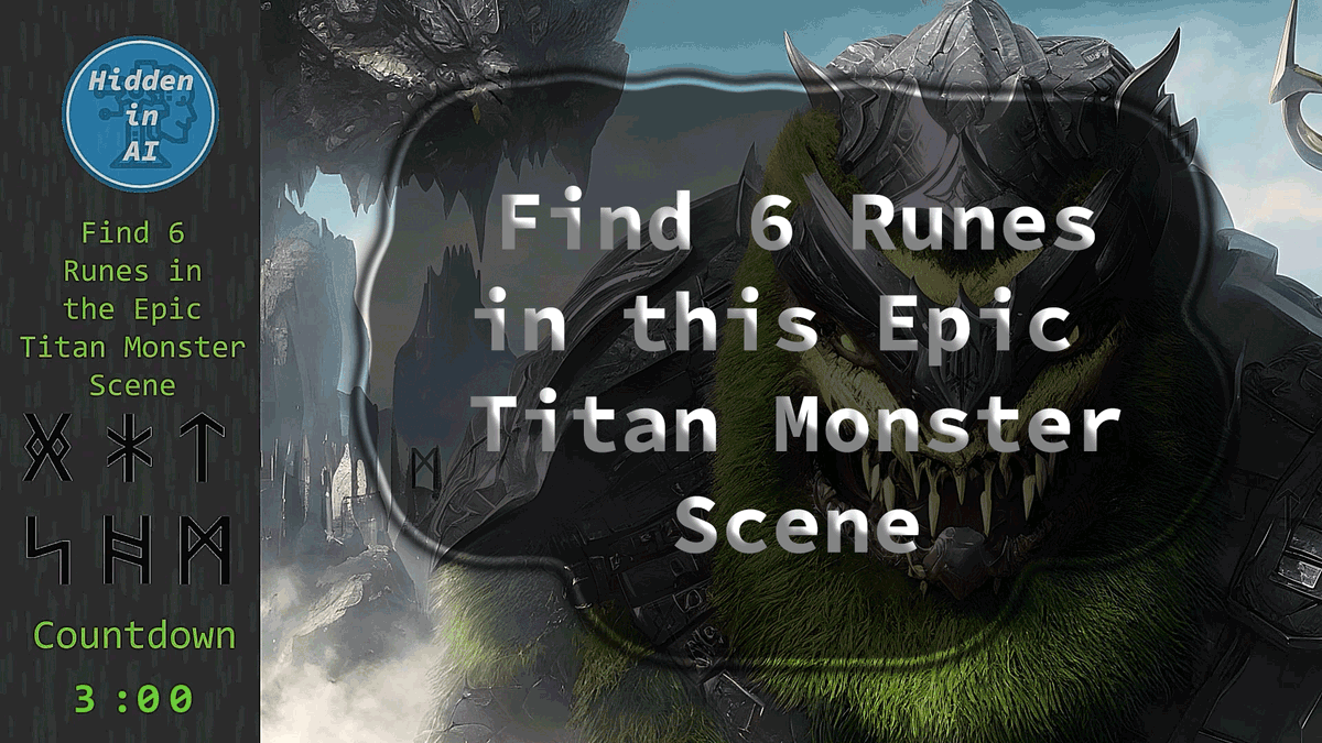 HiddenInAI's tweet image. Find 6 Runes in the Epic Titan Monster Scene, You have 3 minutes to complete your mission. Good luck.

youtu.be/t26kk9msMVI

#aiimage
#aiimages
#monster
#titan
#hiddenobject
#hiddenobjects
#hiddenobjectgame
#challenge 
#challenging 
#ChallengeAccepted
