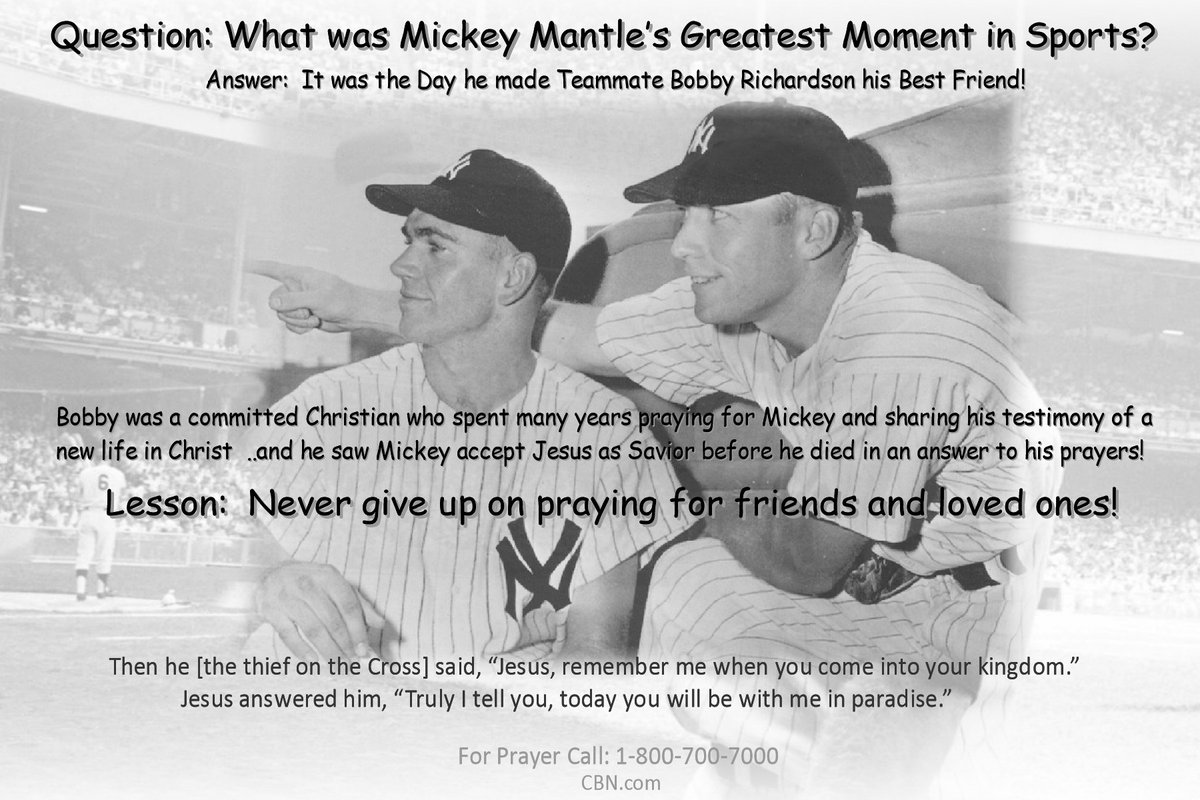 'I remember walking in [to the hospital room] youtube.com/watch?v=1ZMpsU…  ..he [Mickey] had a smile on his face  ..he said 'Come over here, I can't wait to tell you this'..' ~ Bobby Richardson #Yankees #MLB #NYC #HallOfFame #1960s #HomeRun #1950s #MickeyMantle #BornAgain #Christian