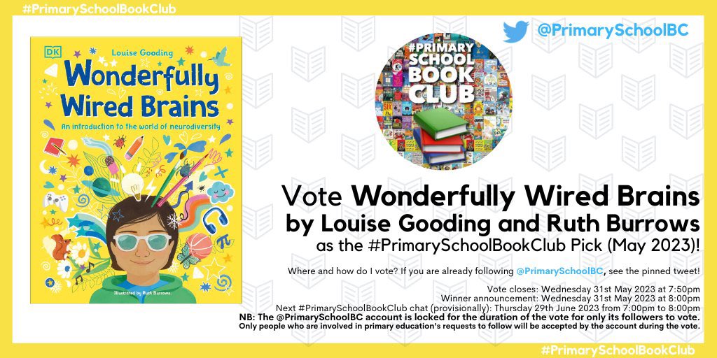 Ruth & I are delighted that Wonderfully Wired Brains has been included in the #PrimarySchoolBookClub May 2023 vote this evening. Head to @PrimarySchoolBC and vote for it using the pinned tweet! Please do vote for us so we can spread a little neurodiverse love & education 🙏🏻