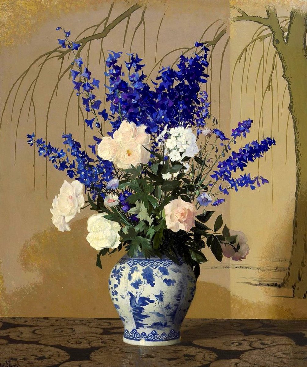 “Delphiniums & Roses in a
Blue & White Porcelain Vase” 🧡

🎨 Hermann Dudley Murphy