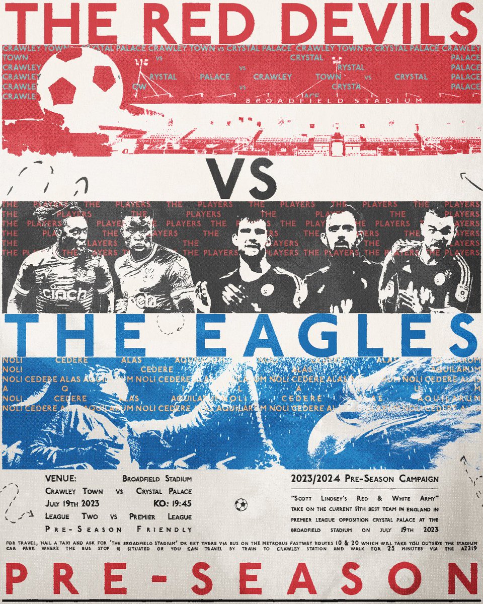 They may be playing Sevilla, but they have to go through us first... home turf 😤

🔴 @crawleytown vs @CPFC 🦅
📅 July 19 @ 19:45BST
🏟️ Broadfield Stadium

Ventured for an older aesthetic; more of a vintage, Edwardian feel 🗝️