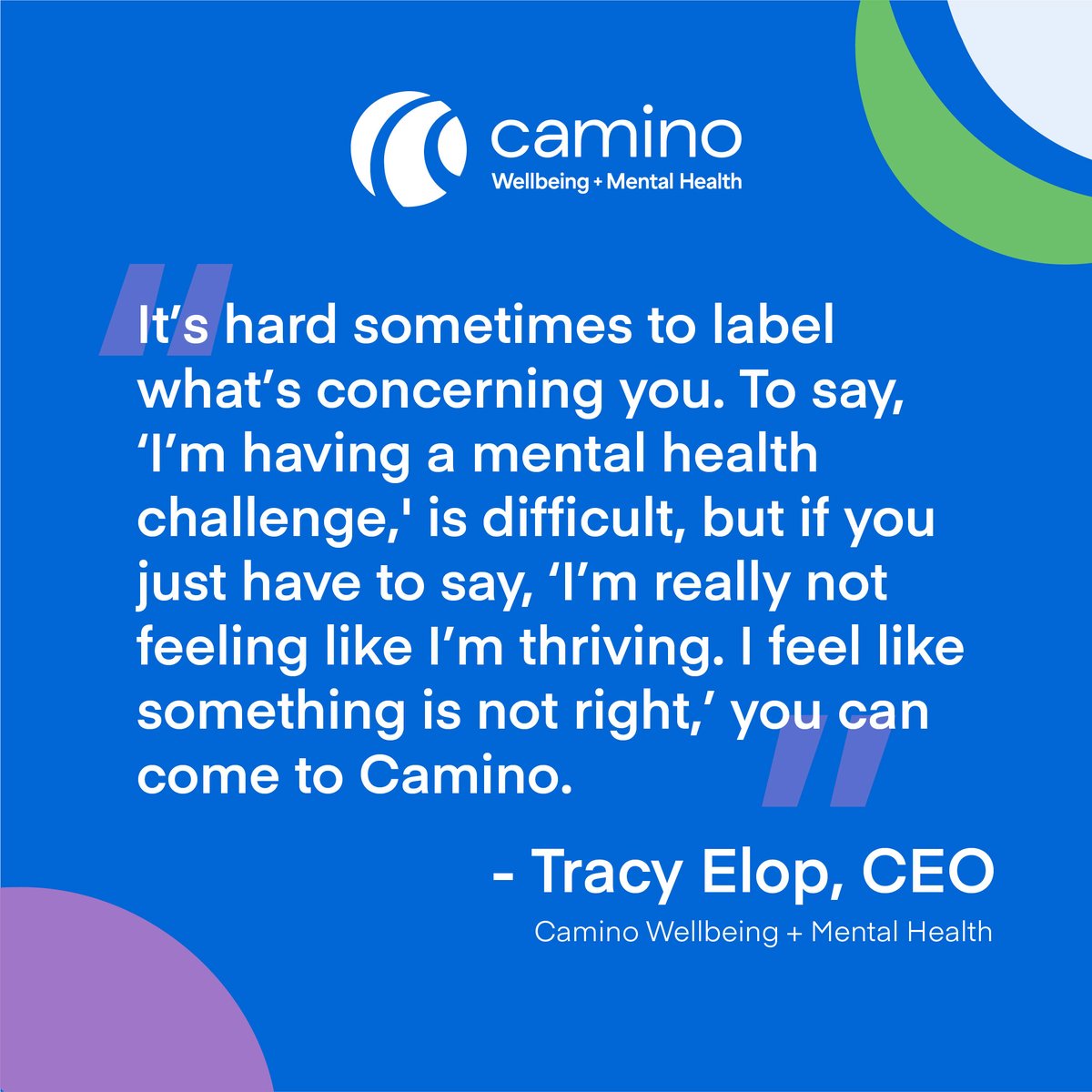 [Follow <a href="/CaminoWellbeing/">Camino Wellbeing + Mental Health</a> for updates]

“...Wellbeing as part of our name is the open invitation to anyone to come and chat with someone and get some of the help that they might need” ~ Tracy Elop, CEO

Drop in to our Quick Response Counselling Clinics: caminowellbeing.ca