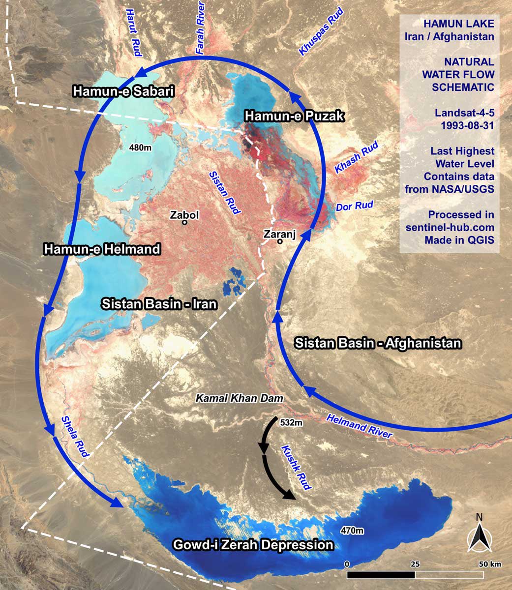 Afghanistan 🇦🇫🏳️& Iran 🇮🇷 Water Conflict has deep historical roots, but climate change has undeniably aggravated the situation. Here is the map of the water flow of Helmand/Sistan Basin. Where you can see how the flow normally goes.