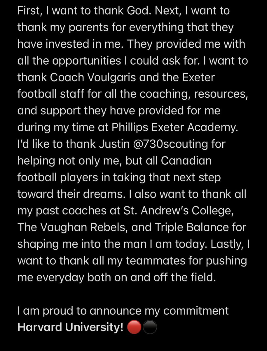 im_rxna's tweet photo. 100% Committed! ����⚫️ @CoachV1781 @PEAFootball @730scouting @ScottLarkee @CoachKKennedy @Ryan_Kalukin @HarvardFootball https://t.co/DX6uJm52rt